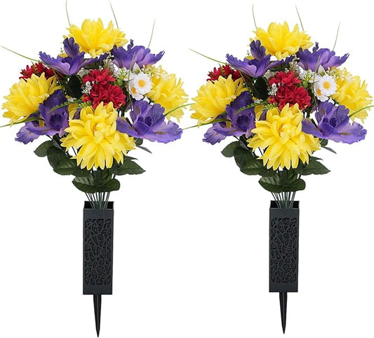 Artificial Memorial Flowers for Cemetery: 2 Pcs Cemetery Flowers for Grave Decorations - Realistic Yellow Mums Purple Iris Bouquets with Vases for Gravisite Outdoor