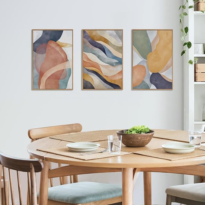 LHIUEM Large Abstract Neutral Framed Canvas Wall Art Set,Colorful Watercolor Block Wall Decor,Boho Geometric Illustrations Artwork for Living Room,Bedroom,Dining Room,Office -16"x24"x3