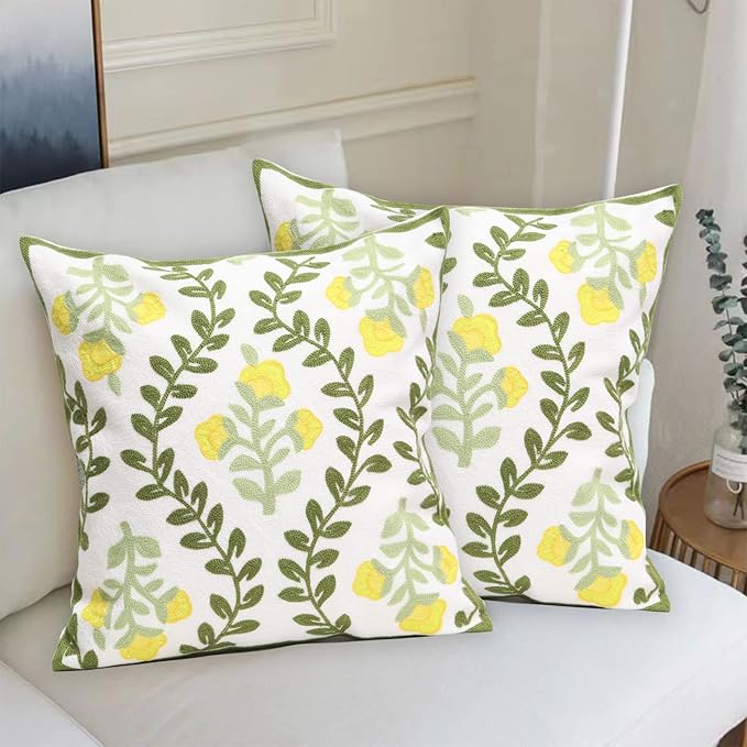 Set of 2 Embroidered Decorative Throw Pillow Covers Couch Square Pillowcases Cushion for Bedroom Sofa Farmhouse Decor 18x18 Inch (Yellow Floral)