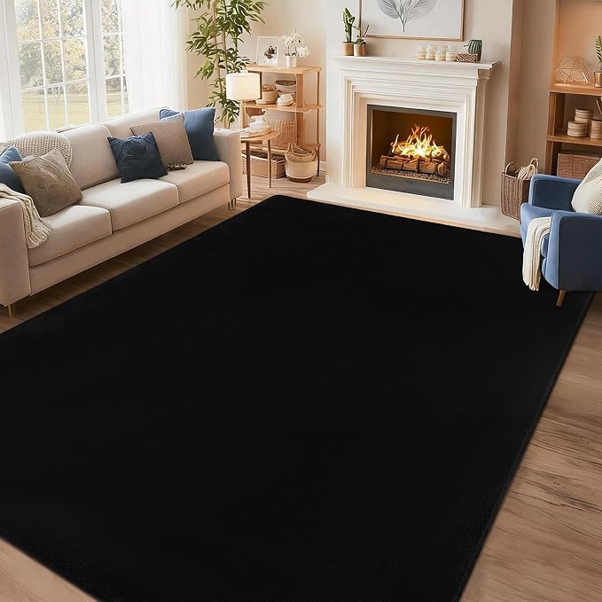 qulint 5x8 Area Rug for Living Room, Black Washable Rugs for Bedroom with Thickened Memory-Foam, Minimalist Modern Carpet Non Slip Rug for Student Kid Room Dorm Classroom Home Decor