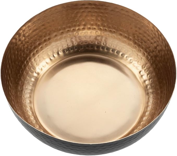 MyGift 8 Inch Art Deco Hammered Black Metal Decorative Bowl with Copper Tone Interior, Home Decor Coffee Table Candy Dish, Key Wallet Catchall - Handcrafted in India