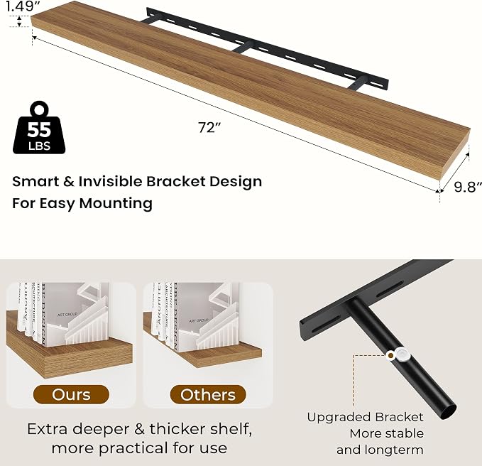 Dreamland 72Inch Walnut Floating Shelves 9.8" Deep Wall Mounted Set of 2 | Wall shelves for bathroom, bedroom, Living Room, kitchen, deep wall mount wood storage display for home decor 72" x 9.8"