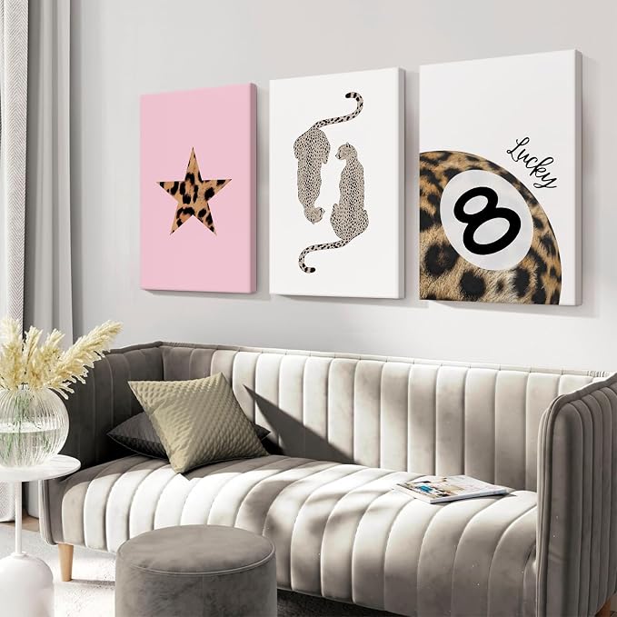 Leopard Wall Art Cheetah Canvas Prints Lucky 8 Ball Wall Decor Fashion Leopard Poster Aesthetic Pictures Trendy Cheetah Painting Preppy Artwork for Living Room Bedroom 12x16x3 Inch Ready to Hang