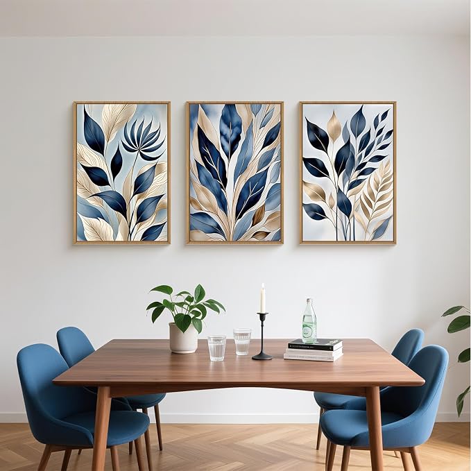 HPNIUB Blue Botanical Leaf Framed Wall Art Set,Modern Natural Blue and Gold Plant Wall Decor,Abstract Boho Minimalist Rustic Floral Leaves Artwork for Living Room, Bedroom,Office-16''x24''x3