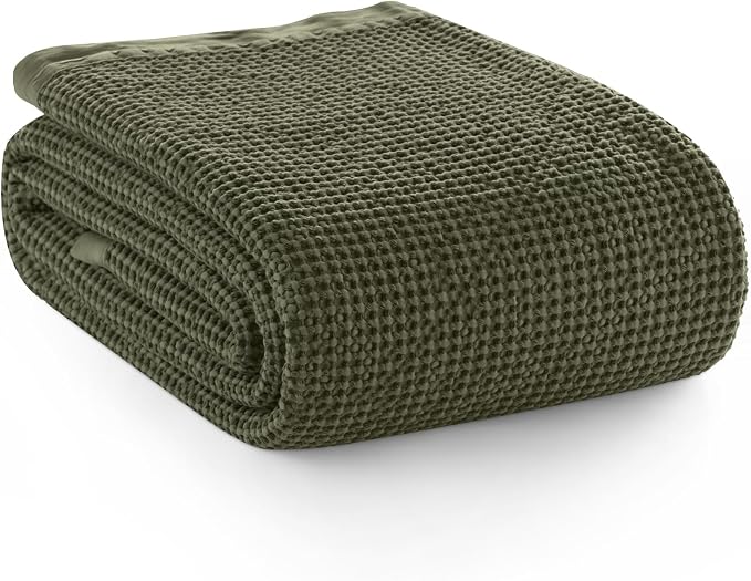 PHF Stone Washed 100% Cotton Waffle Blanket, Vintage Deep Honeycomb Texture, Breathable Thermal Blanket for Bed & Home Decor, All Season Layering - Queen, Moss