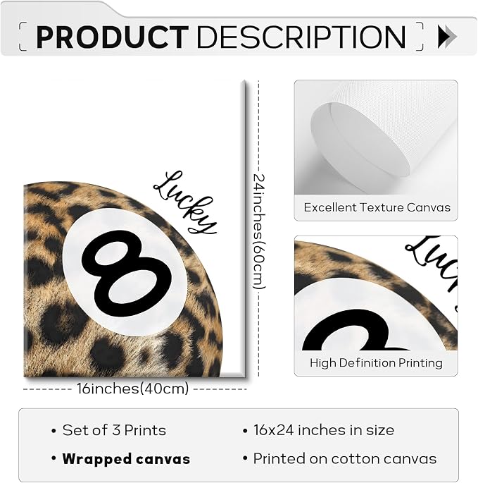 Leopard Wall Art Cheetah Canvas Prints Lucky 8 Ball Wall Decor Fashion Leopard Poster Aesthetic Pictures Trendy Cheetah Painting Preppy Artwork for Living Room Bedroom 16x24x3 Inch Ready to Hang