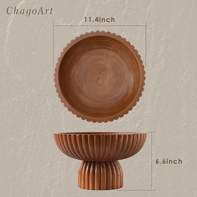 ChagoArt Wooden Fruit Bowl for Kitchen Counter- Large Decorative Bowl for Home Decor Entry Table-Ruffle Fluted Bowl-Scallopedl-Organic Modern Home Decor-Pedestal Footed (Wood Brown)
