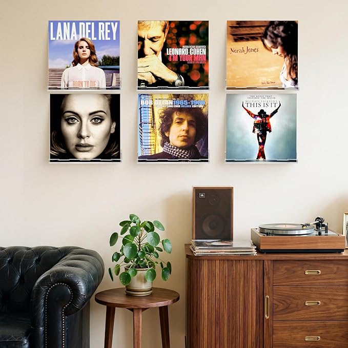Optish 6 Pack Vinyl Wall Mount Shelf, 12" Vinyl Record Holder, Clear Record Shelf Display and Storage, Acrylic Shelves for Wall, Nursery, Living Room, Bedroom