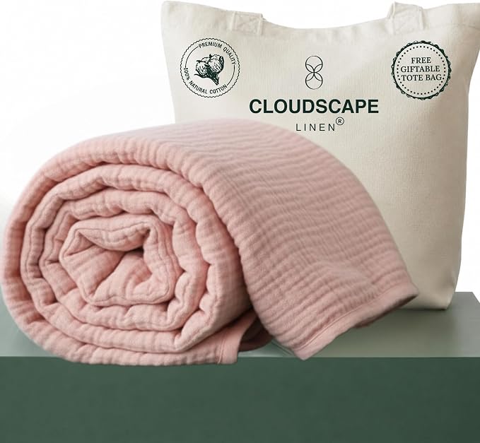 CLOUDSCAPE 4 Layer Muslin Blanket for Adults, 100% Cotton Blanket King Size, 92" x108'' Oversized Fits Upto Cal King Bed, Soft Lightweight Breathable Layering Cotton Summer Blankets - Seashell Pink