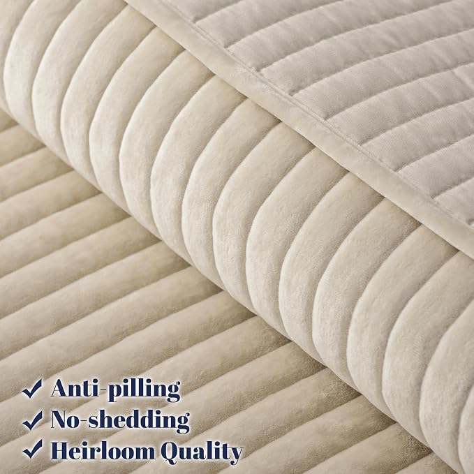 PHF Luxury Velvet Quilt Set King Size – 3PCS Ultra Soft Quilted Comforter Alternative with Striped Channel, Cozy Quilted Bedspread, 1 Coverlet with 2 Matching Shams, 108" x 92", Sand