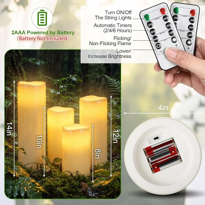 Rossesay 8" 10" 12" 14" x 4" Large Waterproof Outdoor Flameless Candle, 4 Pcs LED Pillar Candle with Remote and Timer Battery Operated Jumbo Flickering for Halloween Xmas Church (Ivory White, Vivid)