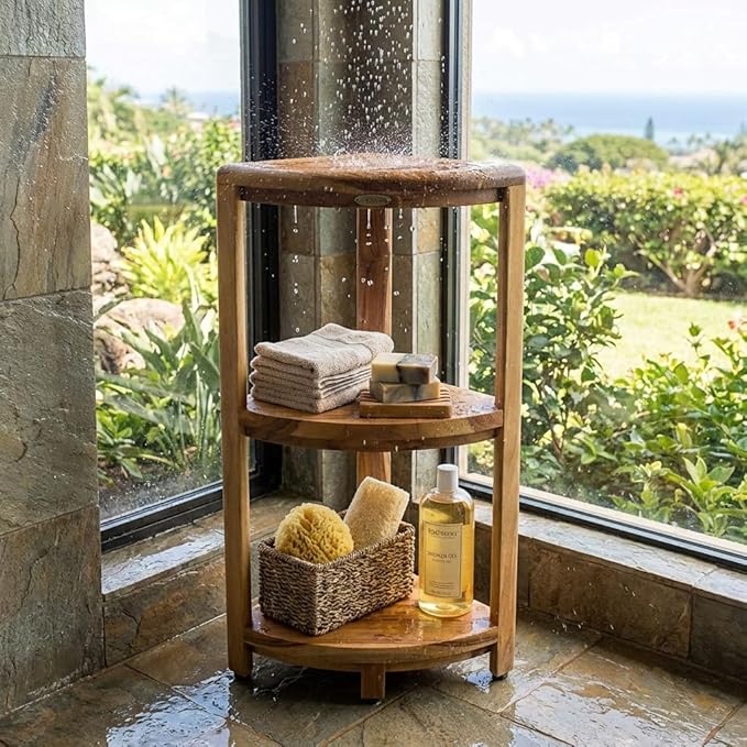 EcoDecors SnazzyCorner Natural Teak Corner Shower 3 Tier Shelf – Bathroom Organizer | Natural Wood Colors | Waterproof Teak Shower Caddy | Bathroom Storage & Organization | 33 Inches Tall