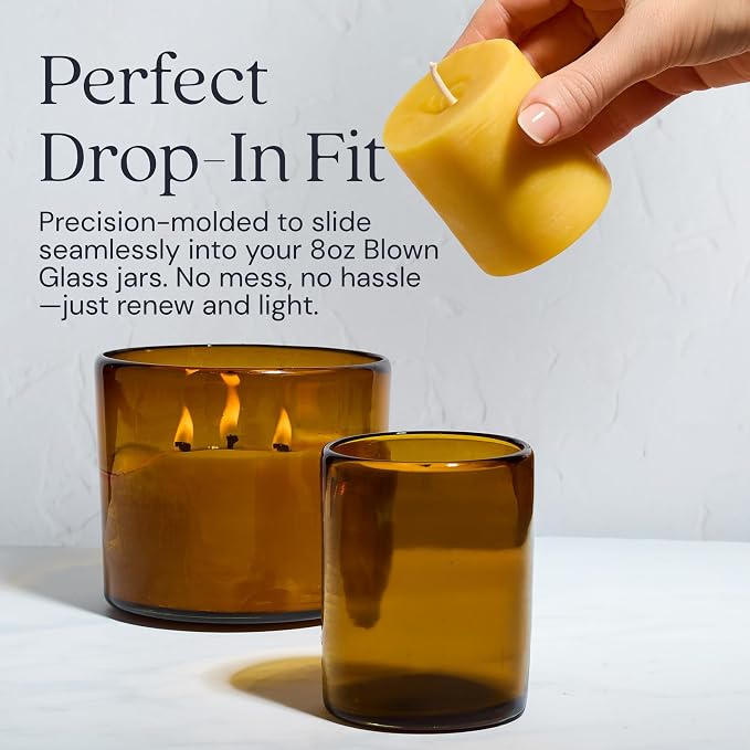 Bluecorn Beeswax Candle Refill – 8oz Amber Glass Jar, 100% Pure Beeswax, Unscented – 35 Hr Long Burn, Cotton Wick, Non Toxic – Handmade in USA, 1 Count