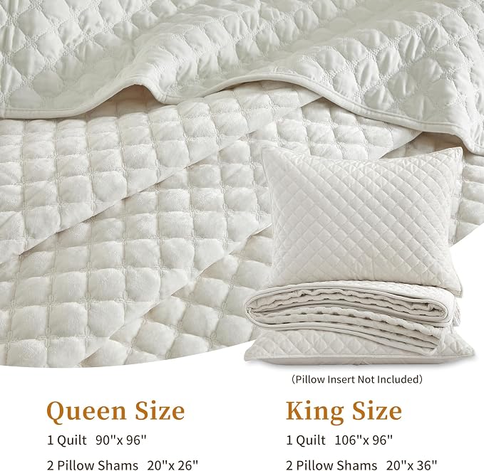Velvet Quilt King Size Comforter Set - Luxury Soft Velvet Bedding Set for All Season, Bedspread Coverlet King Quilt with 2 Pillow Shams, Cream White, Diamond