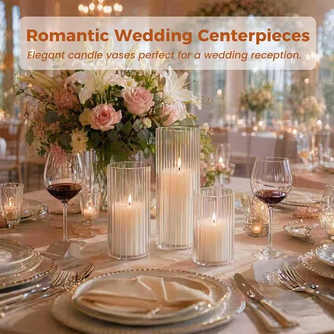 12-Pack White Pillar Candles with Glass Ribbed Cylinder Vases - 12 Vases + 12 Candles, Elegant Tall Candle Holders for Weddings, Events & Home Décor (12)