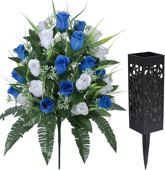 LVXINLI 2 Sets Artificial Cemetery Flowers,Outdoor Grave Decorations Roses,Beautiful Arrangements Bouquet with Cemetery Vase,Lasting and Non-Bleed Colors (White+Dark Blue)