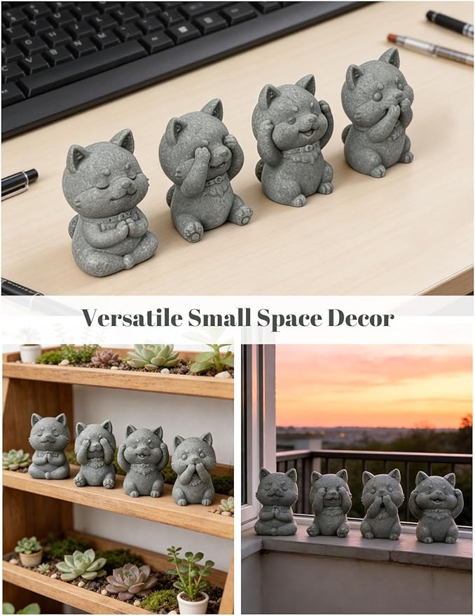 4 Piece Cute Dog Figurine Set, Sandstone See no Evil,Hear no Evil,Speak no Evil,Do no Evil Statues, Zen Garden/Desk Decor