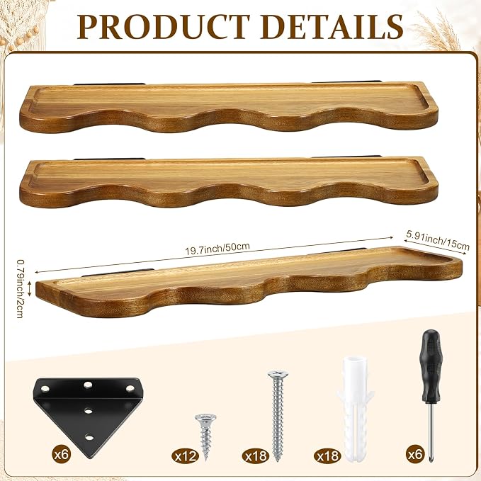 Novabright 3 Pcs Walnut Floating Shelves for Wall Solid Wood Scalloped Shelves Rustic Wall Mounted Storage Rack Display Hanging Shelf Farmhouse Decor for Living Room Bedroom Kitchen
