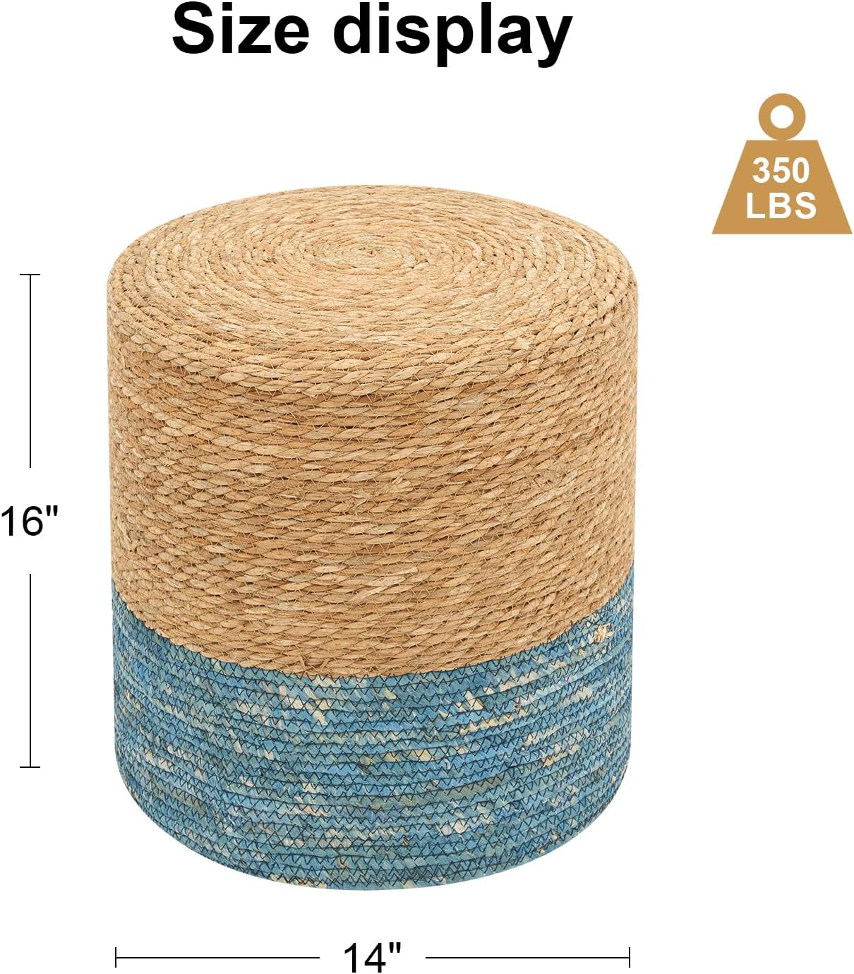 Pouf Ottomans, Handwoven Natural Straw Footstool, Round Braided Outdoor Patio Stool with Wood Frame, Boho Decor Accent Seat Balcony, or Garden (Blue)