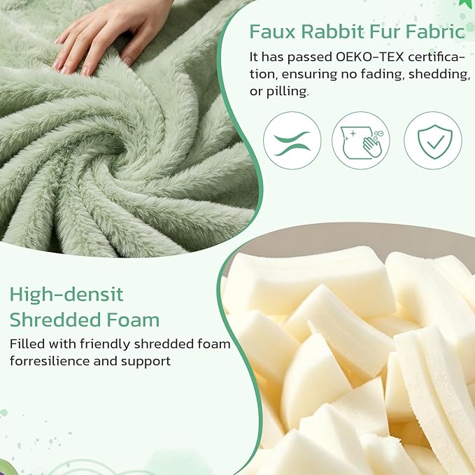 2FT Memory Foam Bean Bag Chair - Ultra Soft Faux Rabbit Fur Round Sofa with Handle & Machine Washable Cover, Comfy Lazy Chair for Kids Teens, Perfect for Reading Gaming in Living Room Bedroom，Green