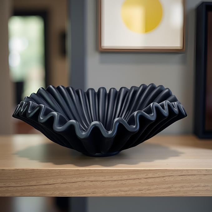 Large Decorative Handmade Bowl Decor, Modern Home Decoration, Fan Shaped Bowl, Ruffle Decor, Stylish Key Bowl for Entry Table, Decorative Fruit Bowl for Kitchen Counter, Black