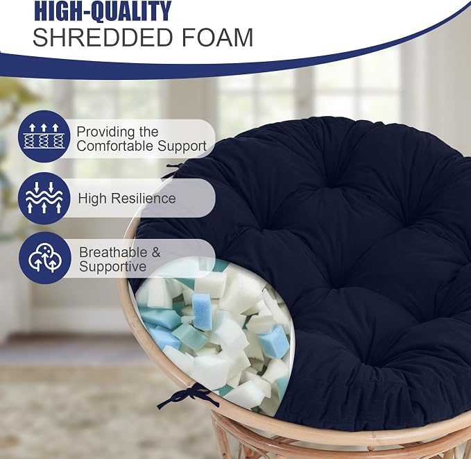 idee-home Papasan Chair Cushion, Circle Papasan Chair Cushion(Cushion Only) | Papasan Cushion with Thick Corduroy Cover, 52 x 52 Inch Cushion for Egg Chair, Navy