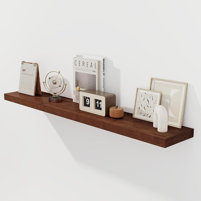 RICHFOCUS Floating Shelves for Wall 55 Inch Solid USA-Sourced Oak Wooden Shelves for Bathroom Kitchen 9" Deep Modern Wood Shelf with Heavy-Duty Bracket for Wall Mounted, Walnut Finish