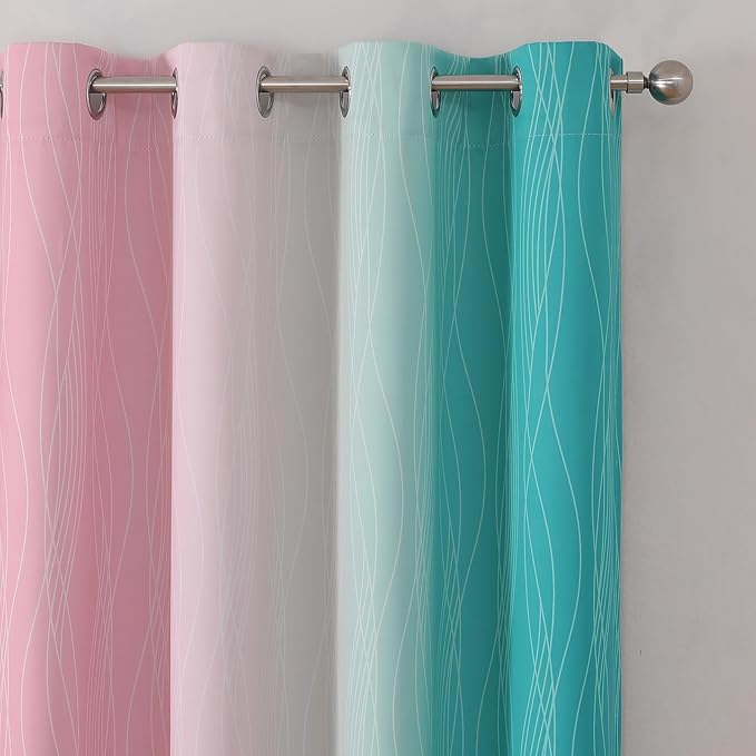 Estelar Textiler Pink and Teal Blackout Curtains for Kids Room, Full Room Darkening Grommet Ombre Curtains for Bedroom, Thermal Insulated Light Blocking Gradient Drapes, 52Wx63L, 2 Panels