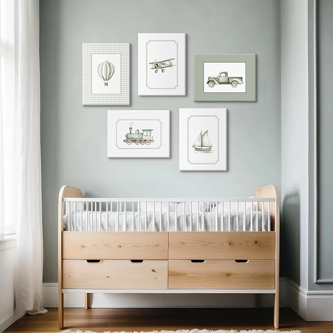 Sage Green Nursery Wall Art Boys Room Canvas Poster Kids Wall Decor Vintage Vehicle Prints Baby Toddler Pictures Transportation Plane Painting Train Truck Artwork for Bedroom 12x16 Inch Ready to Hang
