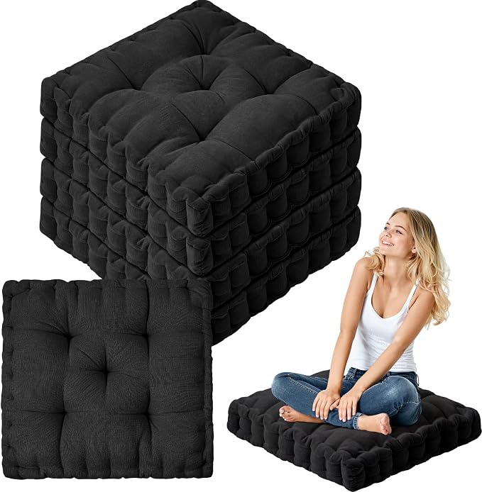 Jerify 4 Pcs Floor Pillow Cushions Large Round Square Large Meditation Floor Pillow for Classroom Adult Meditation Picnic Party Seating Learning Daycare School (Squares,Black)