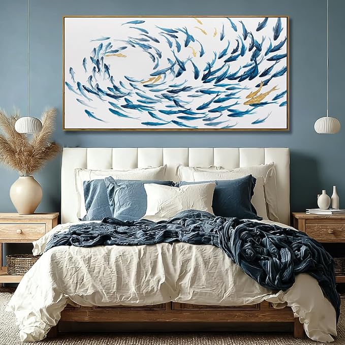 Canvas Wall Art Blue Fish Ocean Sea Framed Artwork Large Pictures Wall Decor Artwork Prints Poster Animal Arts 29"x58"for Living Room Office