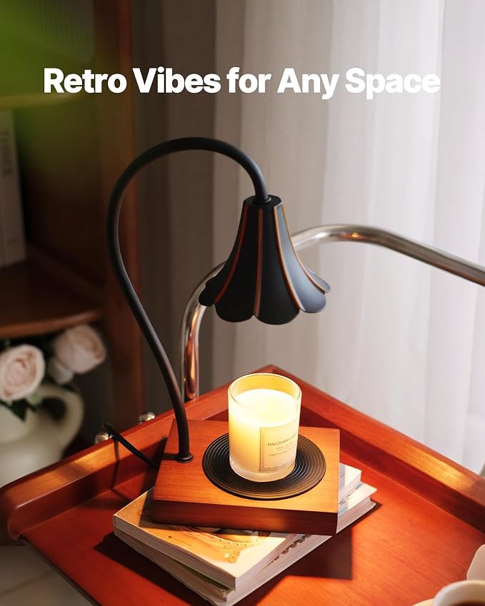 Candle Warmer Lamp with Timer & Stepless Dimmable, Electric Warmer Lamp for Jar Candles, Mid Century Modern Black Wax Melt with 2 Bulbs, Retro Decor House Warming Birthday Gifts