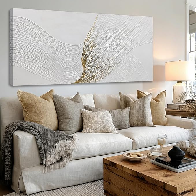 Hue7Art Modern Minimalist White and Gold Textured Canvas Wall Art Abstract Line Artwork Hand Painting for Living Room Bedroom Office Neutral Home Decor 24x48 Inch