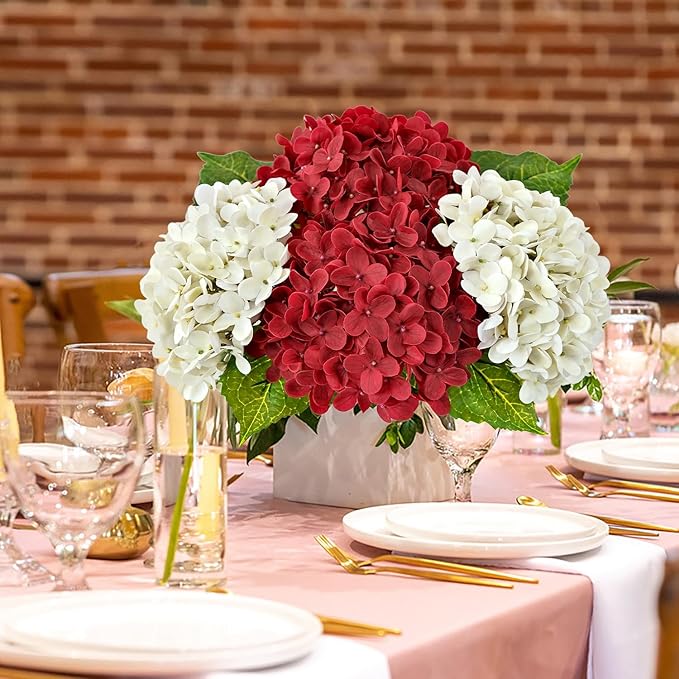 JINWOE Hydrangea Artificial Flowers, Lifelike Latex Silk Real Touch Faux Hydrangea Flowers, Artificial Hydrangeas Bouquet for Wedding Centerpieces Tables Party Home (Red)