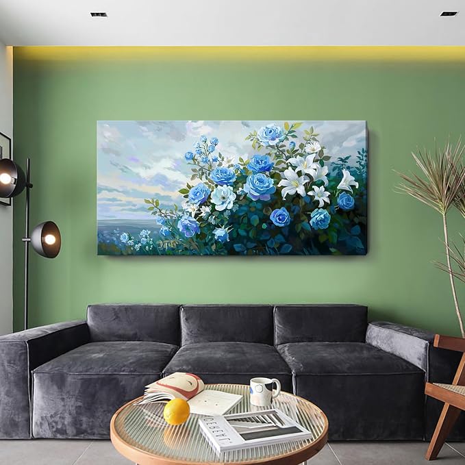Nicetop Extra Large Floral Canvas Art for Living Room – Elegant Botanical Wall Picture with White Lilies, Blue Roses & Green Leaves – Horizontal Nature Artwork for Bedroom, Office, Kitchen, 58x29 Inch