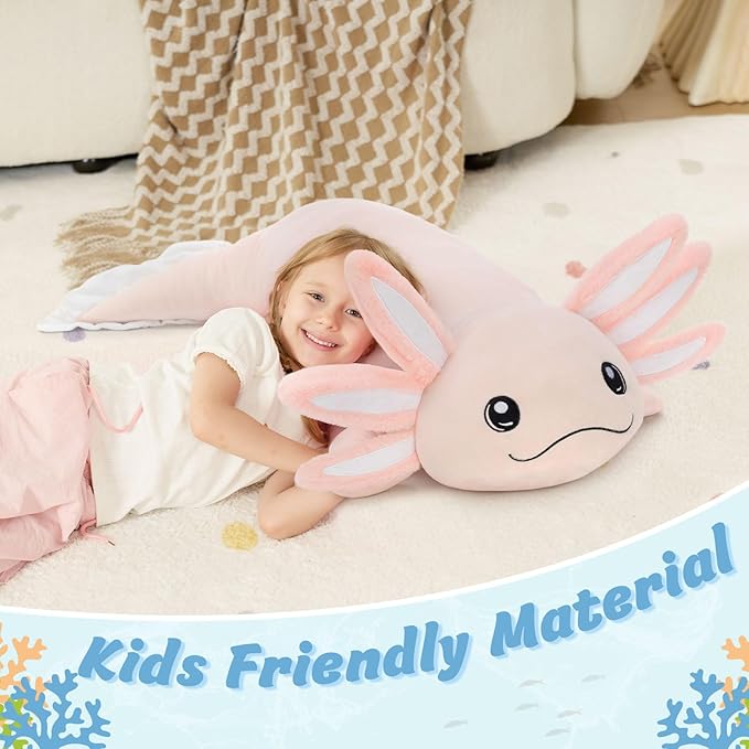 MaoGoLan Giant Glow in The Dark Axolotl Plush Pillow – 48'' Pink Axolotl Stuffed Animal, Hugging Salamander Plush Toy for Kids Girl Boy, Large Salamander Body Pillow Birthday Gift Baby Shower Decor
