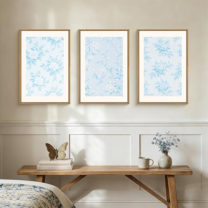 HPNIUB Blue and White Chinoiserie Floral Framed Wall Art Set,Classic Minimalist Wall Decor,Elegant Flowers Art Print,Watercolor Botanical Wildflower Artwork for Living Room, Bedroom,Office-24''x36''x3