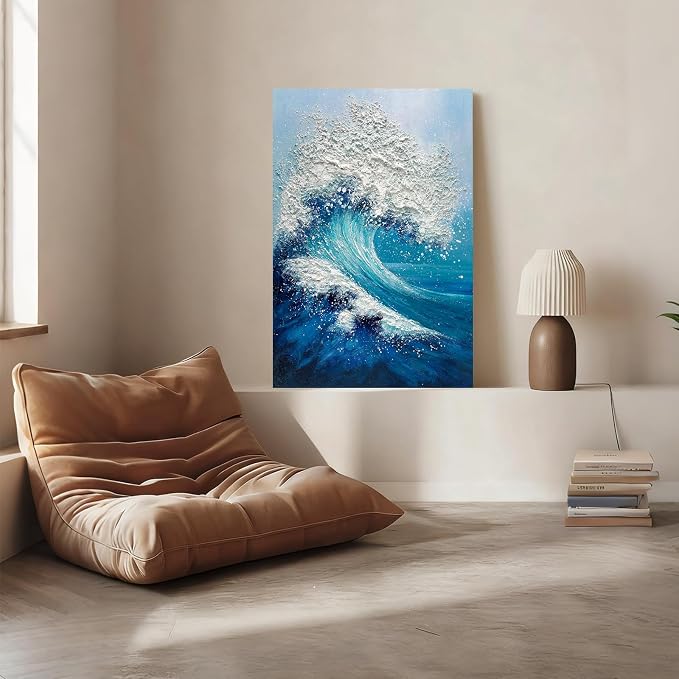Large Abstract Blue Ocean Wave Wall Art, 3D Textured Vertical Oil Painting | 24x36 In Hand-Painted Canvas Textured Ocean Waves Wall Decor for Living Room Bedroom Office, Minimalist Coastal Artwork