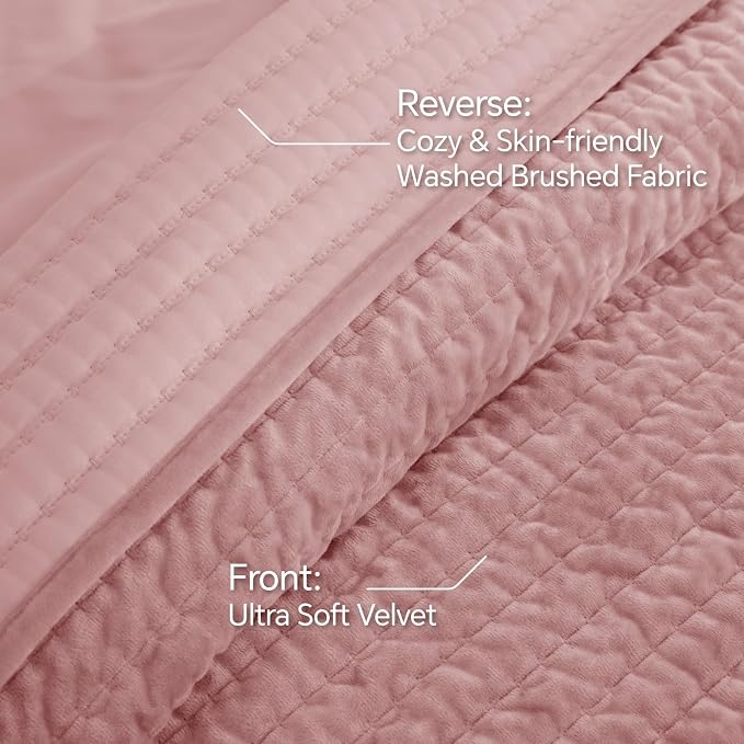 BEDELITE Velvet Quilt Set King Size - Luxury Soft Velvet Comforter Bedding Set for All Season, Lightweight Quilted Channel Stitch Oversized Bedspread Coverlet with 2 Matching Shams, Rose Pink