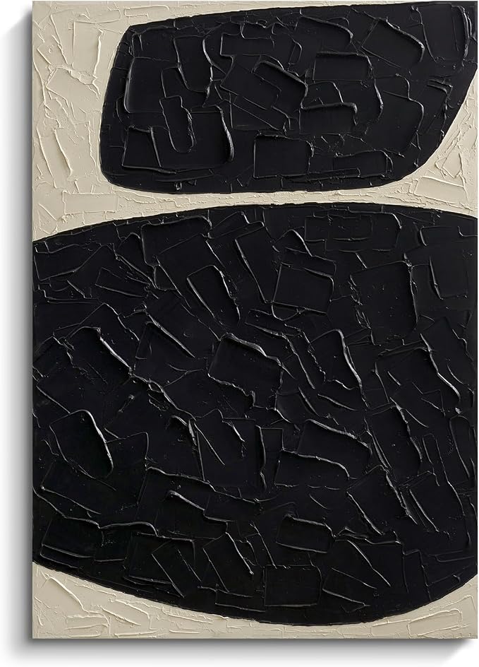 Large Modern Black Abstract Wall Art, Thick‑Texture Oil Painting Wall Decor | 28x40 In Minimalist Hand‑Painted Canvas Artwork for Living Room Bedroom Office, Original Neutral Vertical Wall Art Home Decor