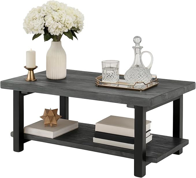 Alaterre Furniture Pomona Solid Wood Coffee Table, Slate Grey, 42” | Rectangular Center Table with Storage Shelf and Metal Legs, Rustic Industrial Farmhouse Living Room Furniture