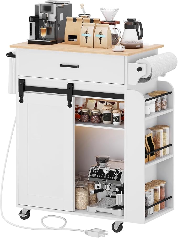 YATINEY Kitchen Island with Storage, Mobile Kitchen Cart with Charging Station, Kitchen Island on Wheels, Rolling Island Table with Sliding Cabinet Door, White and Natural ZD01UWN