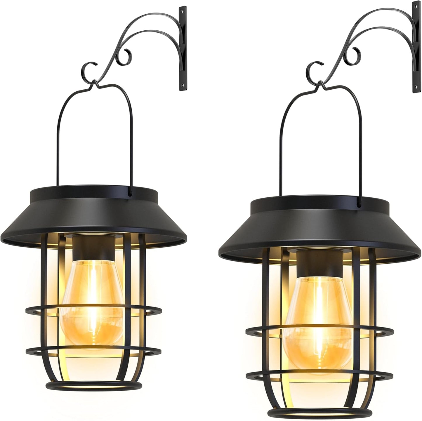 Solar Lanterns Outdoor Waterproof, High Brightness Hanging Solar Lights for Outside with Wall Hooks, Halloween Decor Retro Metal Outdoor Lanterns Auto On/Off for Patio, Yard Decor, Black,2Pack