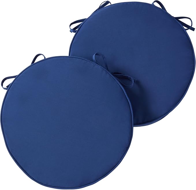 Set of 2 Outdoor 18 inch Round Patio Dining Chair Pads – Comfortable Fiber-Filled Seat Cushions with Ties, Reversible Polyester Fabric, Marine Blue