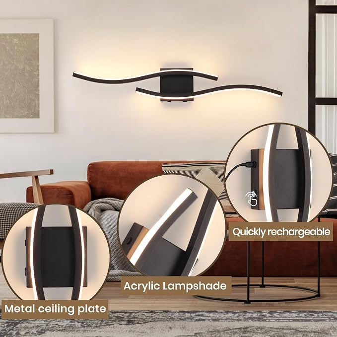 Battery Operated Wall Sconces, Rechargeable Wall Sconces, 3000K-6500K LED Wireless Wall Light, Modern Wall Lamp not Hardwired for Living Room Bedroom Hallway, 31.5in-Black