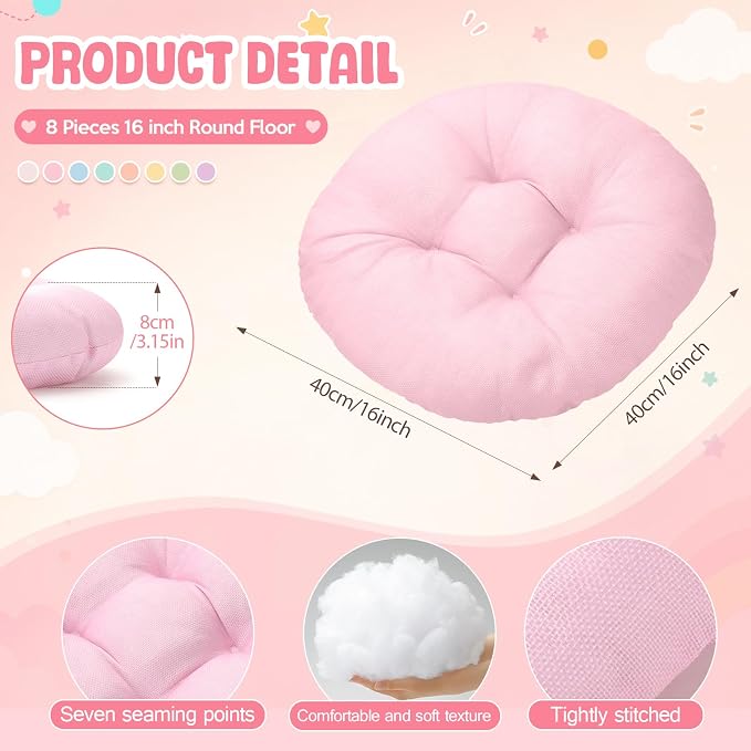 Fumete 8 Pcs 16 Inch Floor Cushions Pillow for Kids Bulk Classroom Round Flexible Seating Floor Cushions for Students Home Daycare School Reading Corner Yoga Meditation Picnic (Candy)