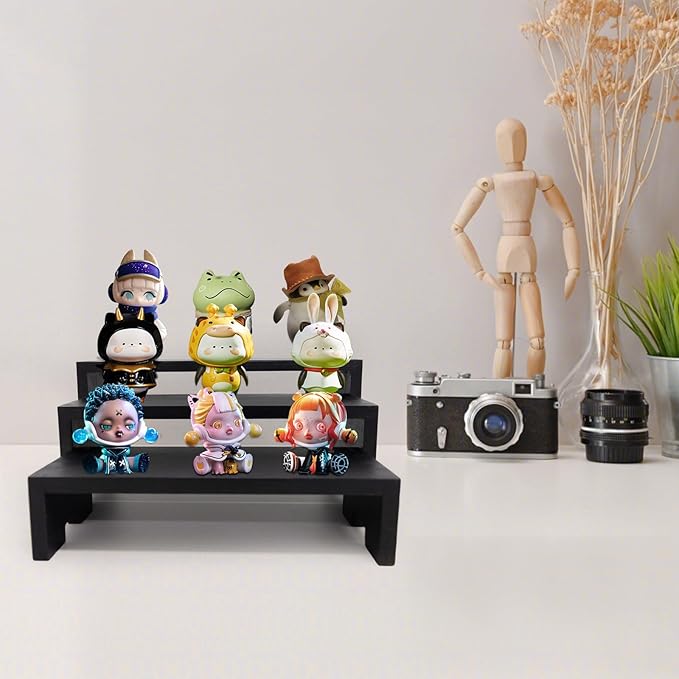 Yikaroeli 2 Set Black Display Risers Small Wooden Display Stand 6Pcs 3 Tiered Wood Racks Cupcake Stands Cologne Stands Perfume Riser for Display