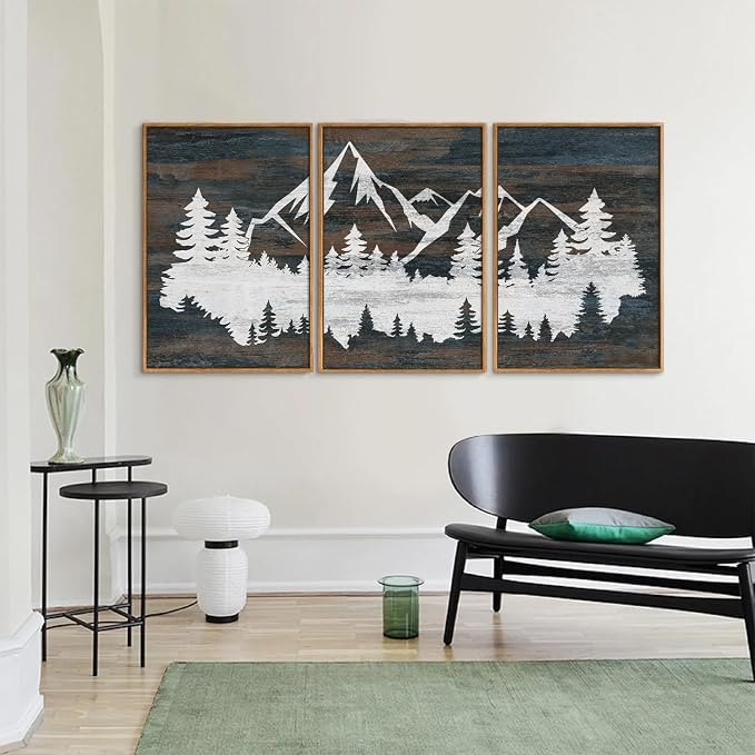 Rantodecor Vintage Mountain Framed Canvas Wall Art, White Snowy Nature Landscape Wall Decor, Rustic Wilderness Forest Art Paintings, Modern Farmhouse Artwork for Bedroom Living Room Office 24"x36"x3