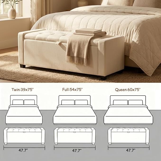 47" Beige Storage Ottoman, Multi-Functional Shoe Bench Seat for Living | Versatile design works as a coffee table or footstool; easy assembly, sturdy structure, and comfortable padded cushion.