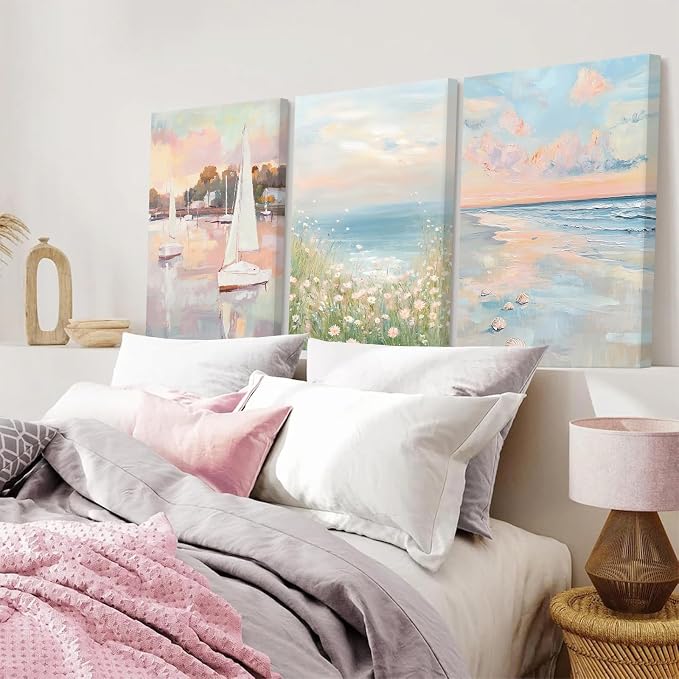 Pink Coastal Wall Art Coquette Beach Canvas Poster Summer Beachy Wall Decor Trendy Pastel Ocean Pictures Preppy Painting Wildflower Prints Sailboat Artwork for Girls Bedroom 12x16 Inch Ready to Hang
